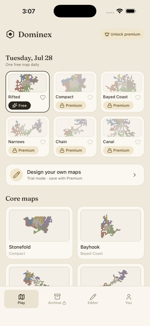 The Dominex map hub on iPhone, showing today's daily maps and the core map collection