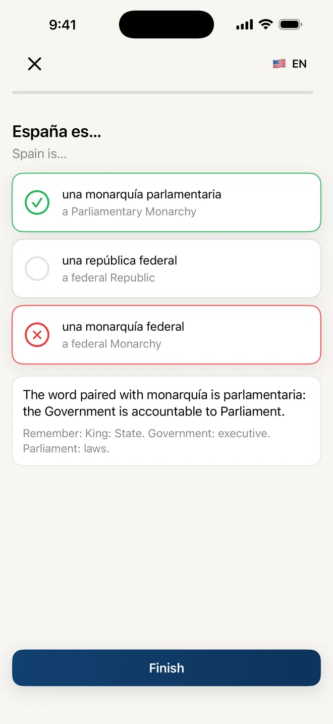 CCSE English question 'España es…' with each answer shown in Spanish and English and an explanation