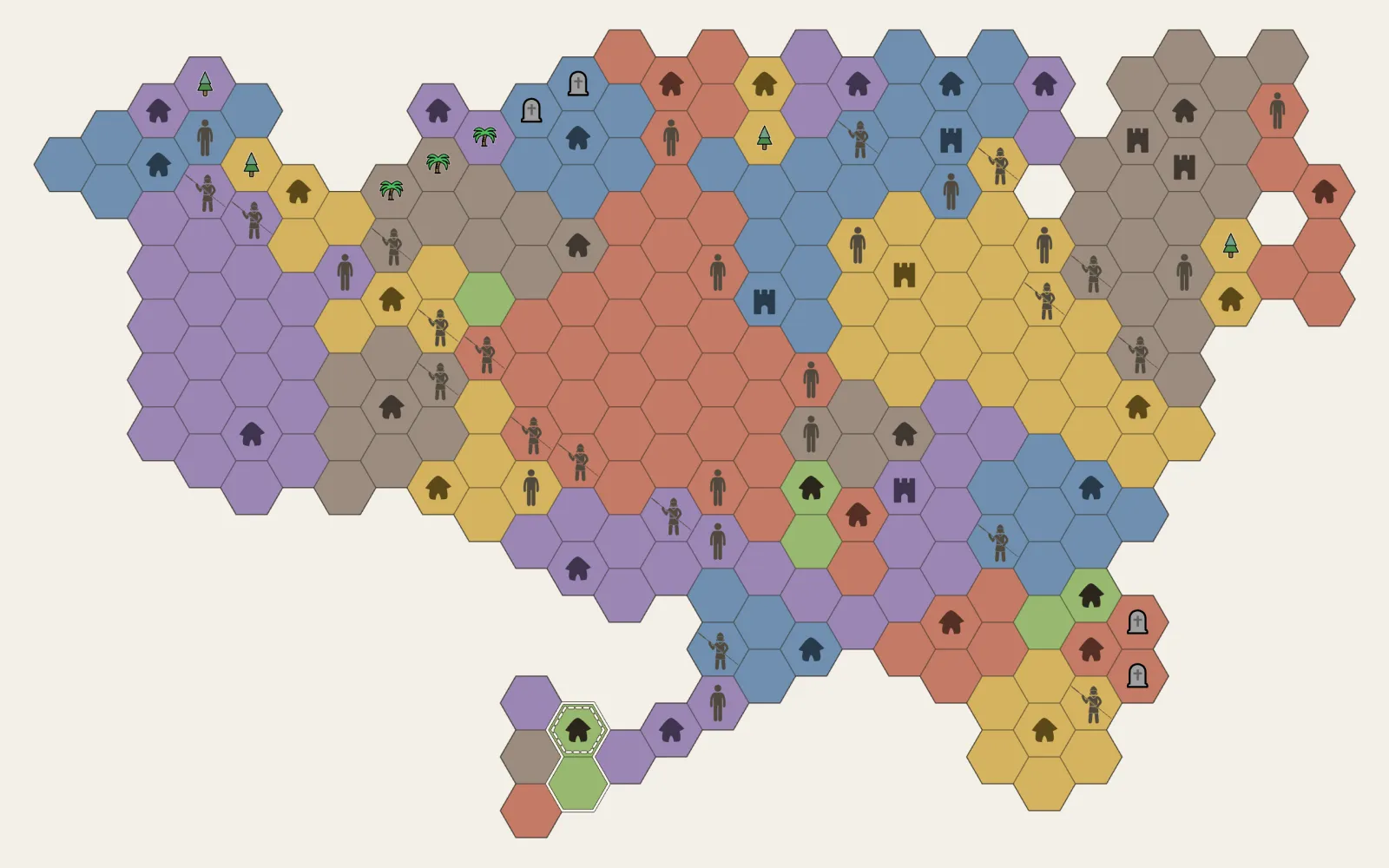 A Dominex map: hex territories in six colors with villages, castles and soldiers