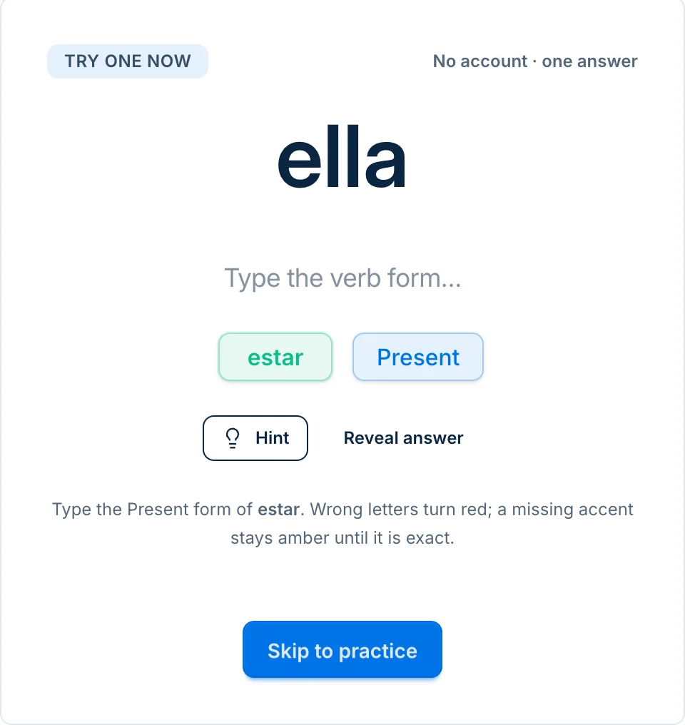 A Spanish Verb Master prompt asking for the present tense of estar for ella