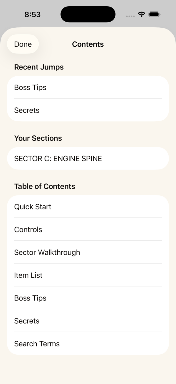 Contents sheet showing Recent Jumps, Your Sections, and a detected table of contents