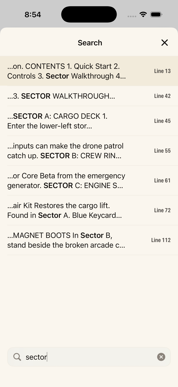 In-guide search for 'sector' showing result snippets with line numbers