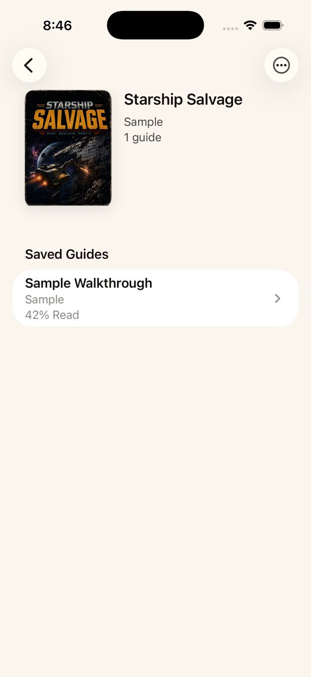 Game detail for Starship Salvage showing saved guides and reading progress